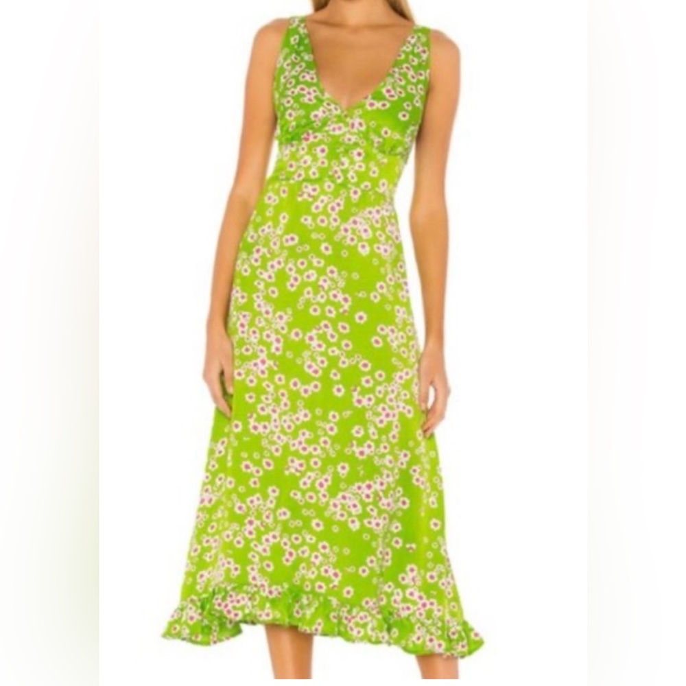 Faithful the Label Apple Green Floral Ruffled Halter Midi Dress Smocked Back S?